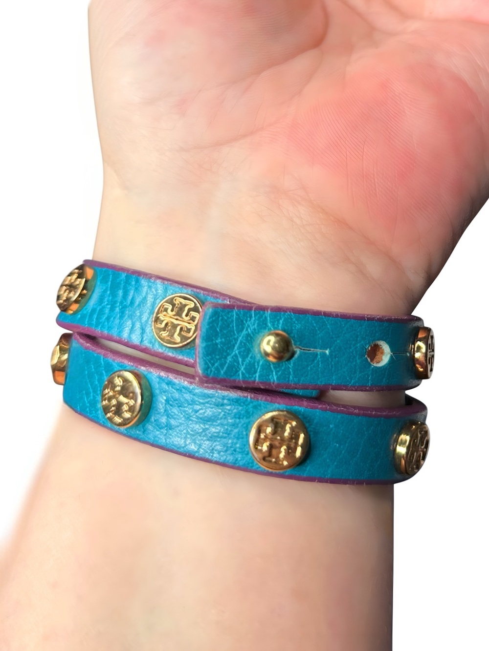 Tory Burch Turquoise Leather Double-Wrap Bracelet with Gold Logo Studs - Picture 3 of 3